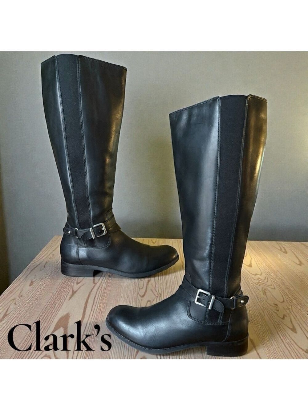 Clarks Malia Waves Knee High Boots Womens Size 9.5 Black Leather Side Zip. EUC!